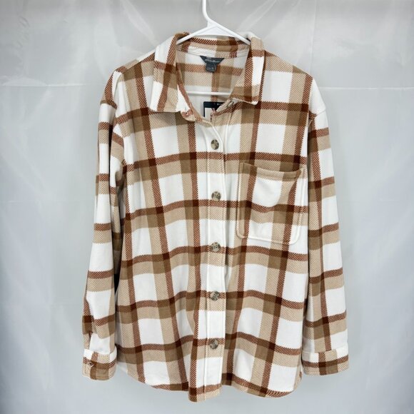 Eddie Bauer Women XL Fleece Shacket Shirt Jacket Buttons Brown Plaid Oversized - Picture 1 of 9